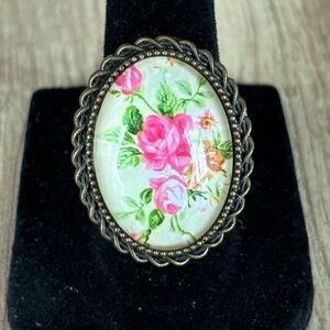 Yellow and Pink Floral Print Victorian Style Adjustable Ring, Handmade, NWT